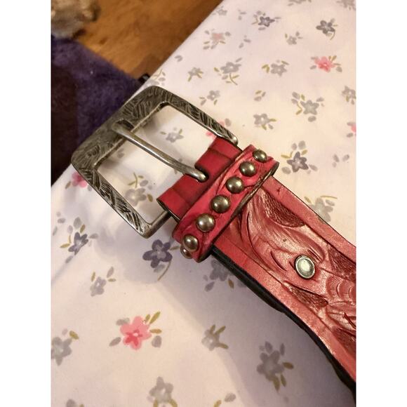 Juan Antonio Red Tooled Leather Western Belt Studded Silver Concho Wide Kidney S main image 5